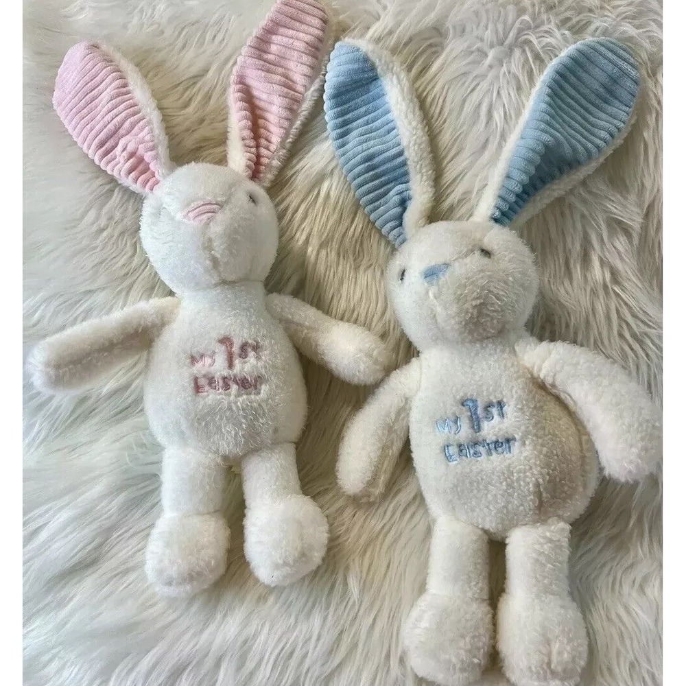 My 1st Easter Plush Bunny Set Pink and Blue Corduroy Ear Stuffed Animals 11"